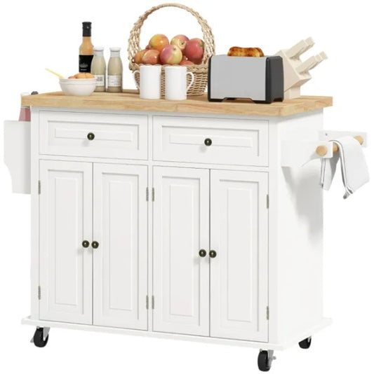 Kitchen Storage Cabinet & Island - Cream White Mobile Cart with Rubberwood Top