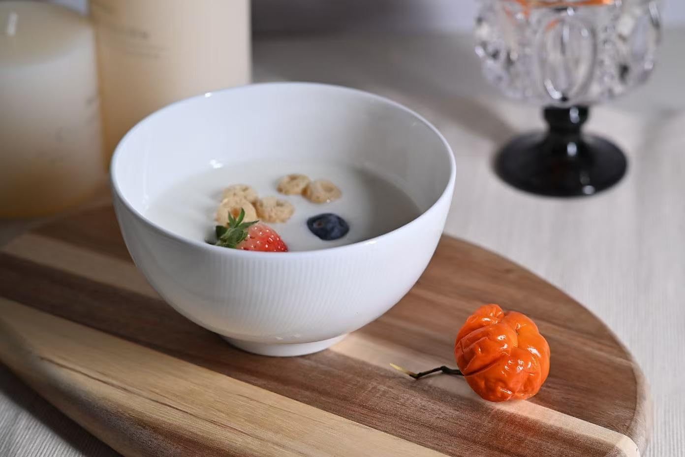 Setaria Bone China Dinnerware Set - 12 Pieces Service for 4 (Ivory White with Narrow Curve Stripe)