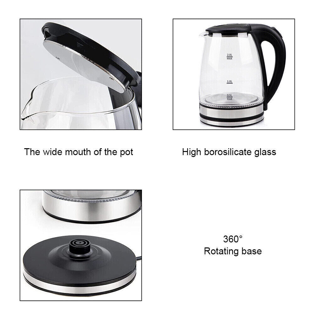 2L Glass Electric Kettle with Blue LED Light - Fast Boil 1800W Cordless Kettle
