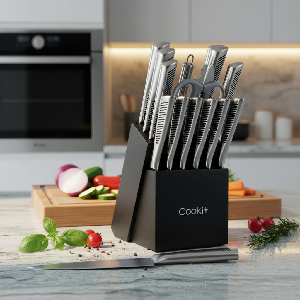 Kitchen Knife Set 15 Piece with Block - German Stainless Steel Chef Knives