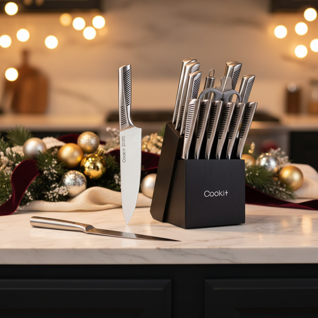 Kitchen Knife Set 15 Piece with Block - German Stainless Steel Chef Knives