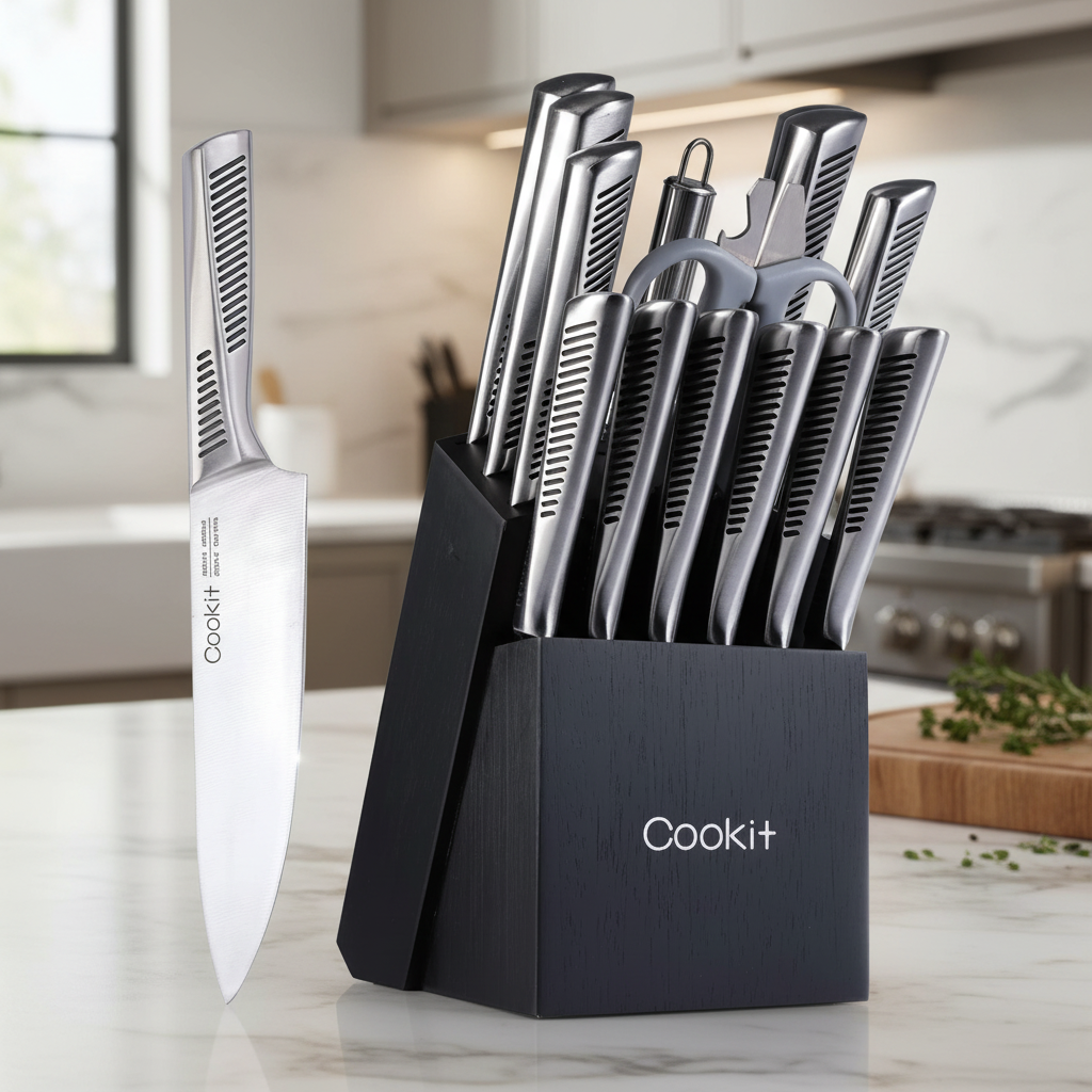 Kitchen Knife Set 15 Piece with Block - German Stainless Steel Chef Knives