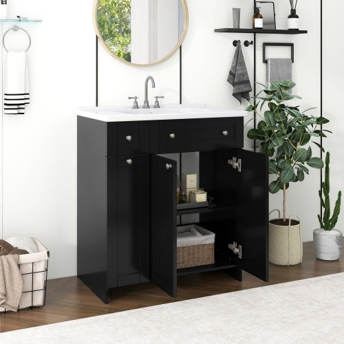 30" Black Bathroom Vanity with Ceramic Sink - Modern Storage Cabinet with Soft-Close Doors