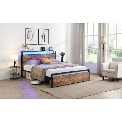 Queen Bed Frame with LED Lights, Storage Drawers & Charging Station - Grey