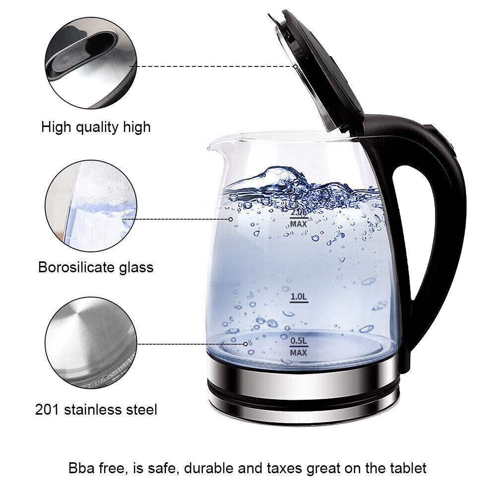 2L Glass Electric Kettle with Blue LED Light - Fast Boil 1800W Cordless Kettle