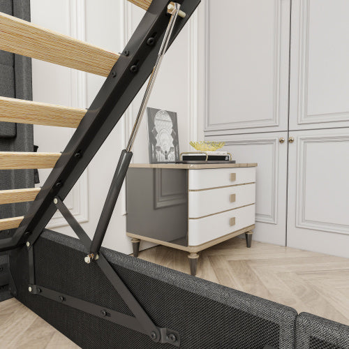 Queen Bed Frame with Lift-Up Storage - Modern Wingback Headboard with USB Ports