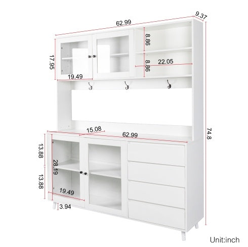 63" Large Kitchen Hutch Cabinet - Freestanding Pantry with 4 Doors, 4 Drawers & Microwave Shelf