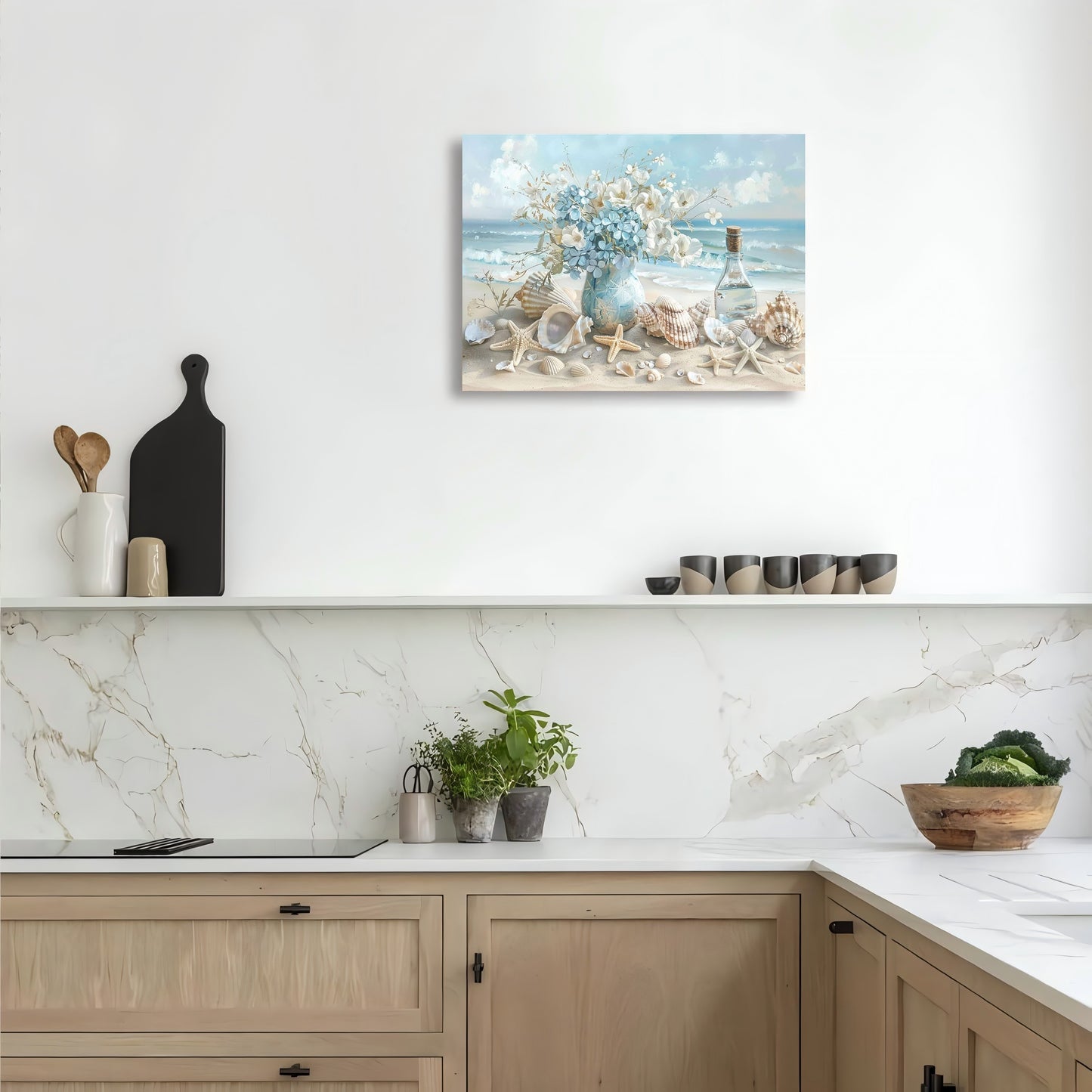 Blue Vase Floral Canvas Print - Framed Wooden Wall Art Ocean Theme