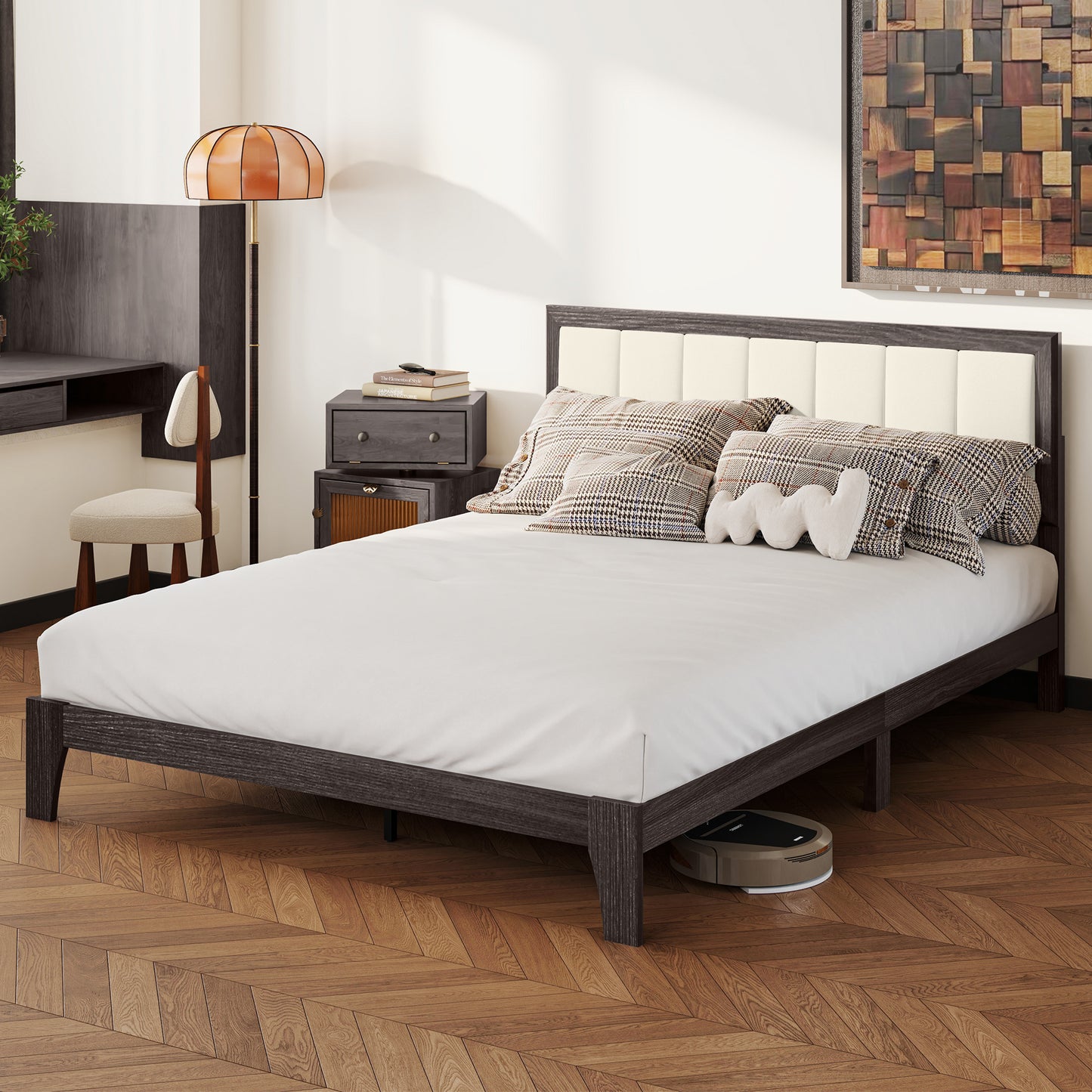 Charcoal Grey Queen Bed Frame with Headboard - Platform Bed with Wooden Slats