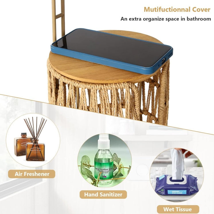 Freestanding Toilet Paper Holder with Storage - Handmade Woven Rattan Stand (3 Rolls)