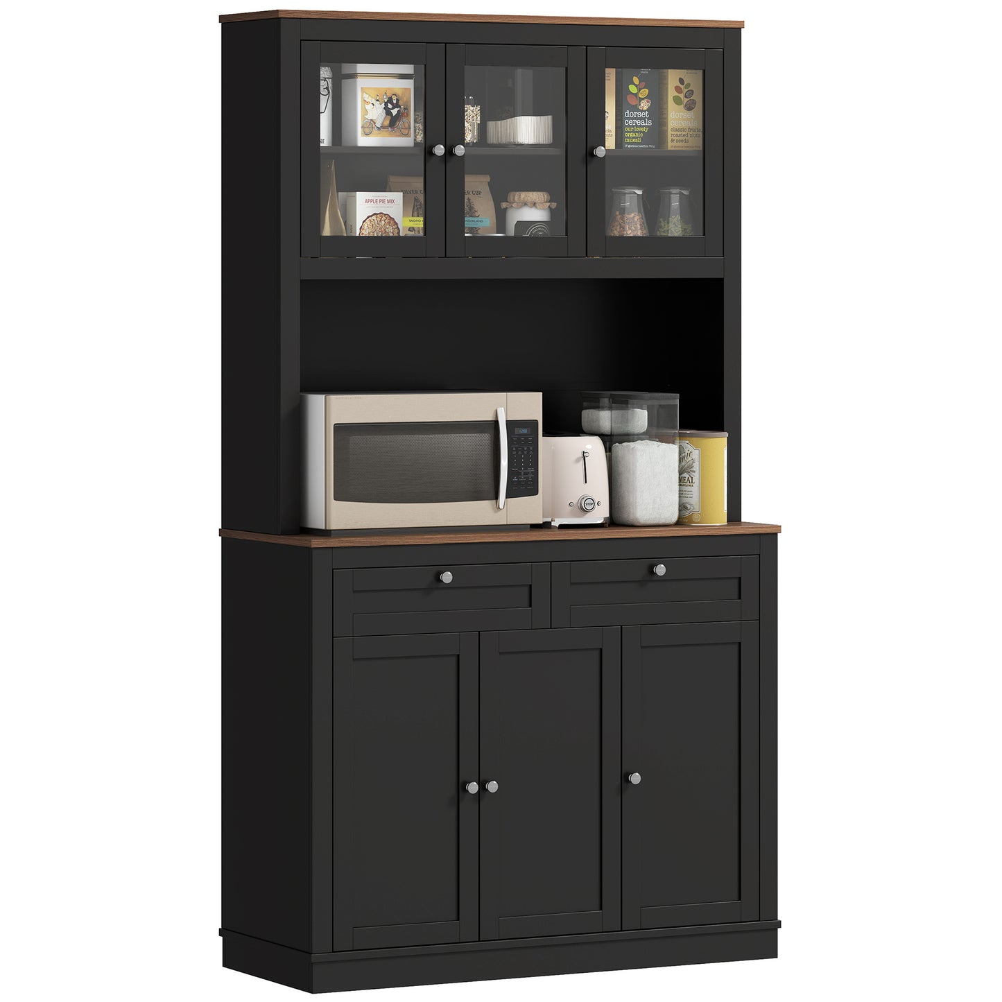 71" Kitchen Pantry Cabinet with Microwave Stand - Black Hutch with 2 Drawers