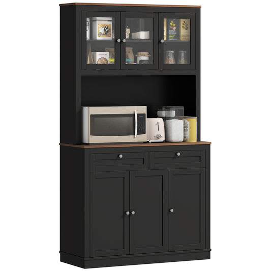 71" Kitchen Pantry Cabinet with Microwave Stand - Black Hutch with 2 Drawers