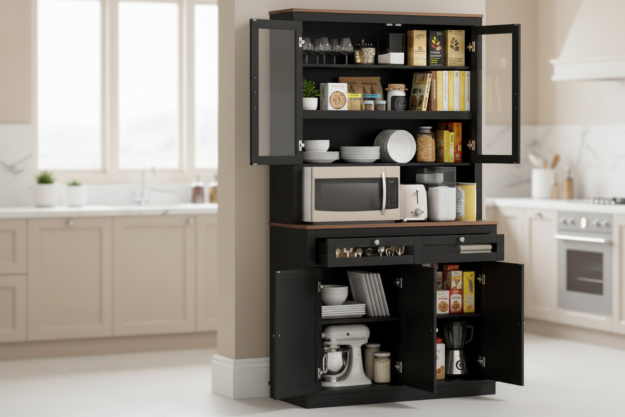 71" Kitchen Pantry Cabinet with Microwave Stand - Black Hutch with 2 Drawers