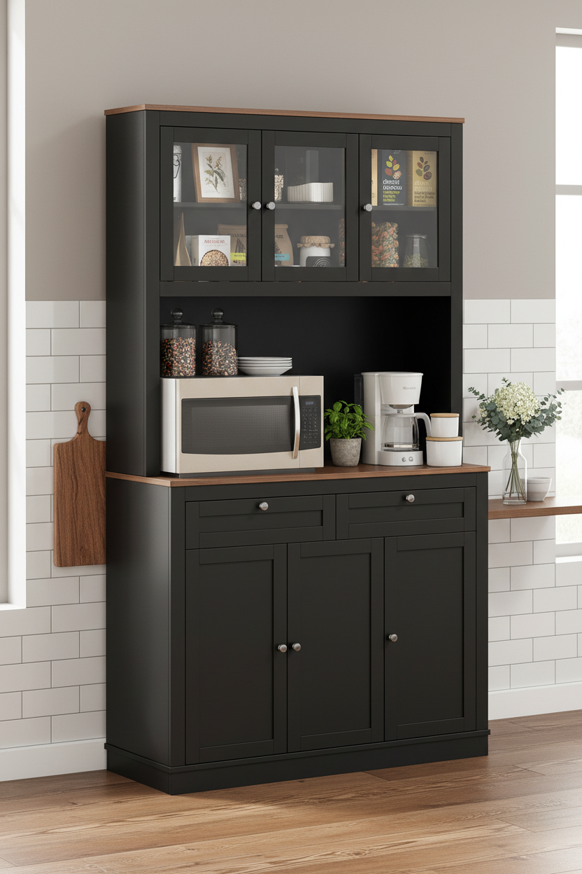 71" Kitchen Pantry Cabinet with Microwave Stand - Black Hutch with 2 Drawers
