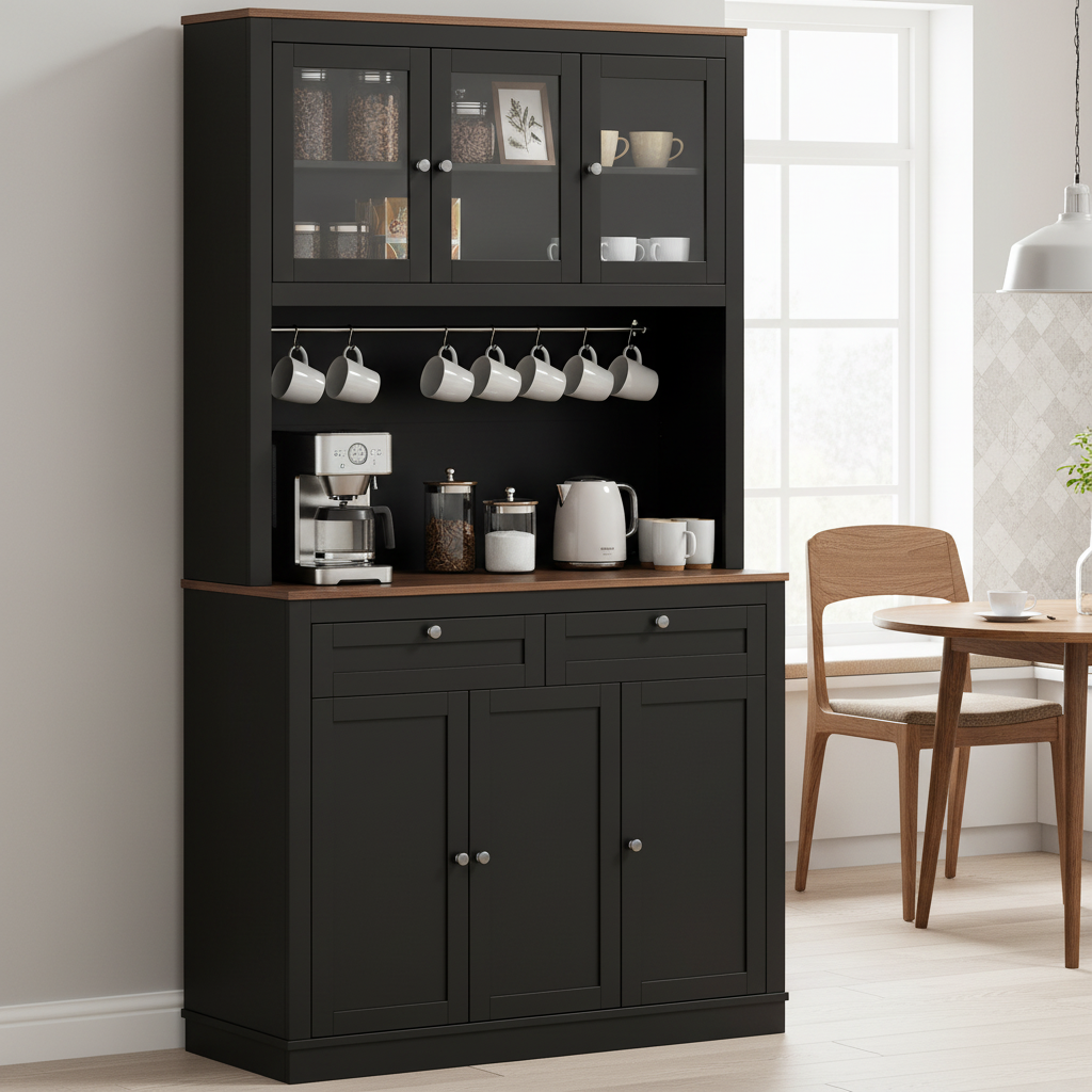 71" Kitchen Pantry Cabinet with Microwave Stand - Black Hutch with 2 Drawers