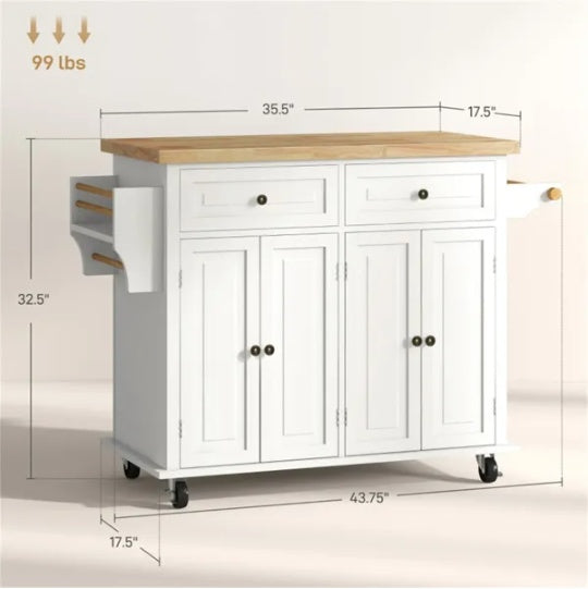 Kitchen Storage Cabinet & Island - Cream White Mobile Cart with Rubberwood Top
