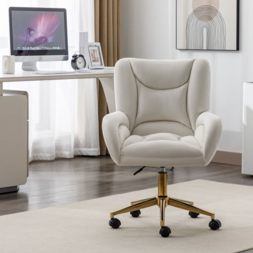 Velvet Office Chair with Gold Legs - Adjustable Swivel Chair Ivory
