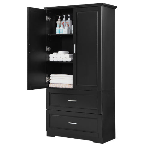 High Bathroom Storage Cabinet - 63" Tall Cabinet with 2 Doors and Drawers (Black)