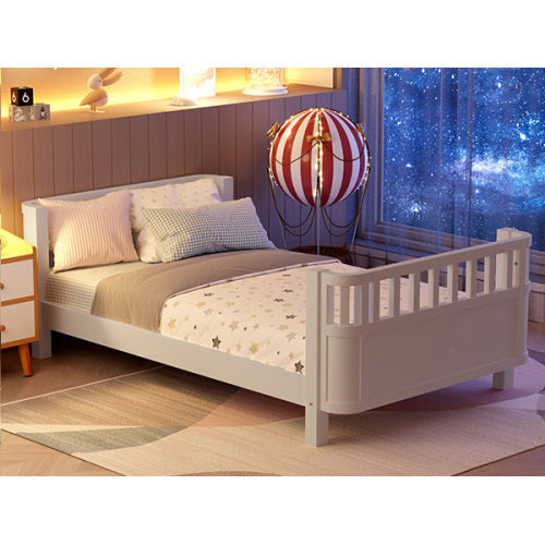 White Twin Platform Bed for Kids - Low Profile Wooden Bed Frame with Safety Rails