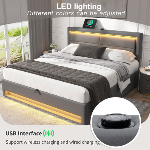King Bed Frame with Wireless Charging, LED Lights & Storage - Grey PU Leather