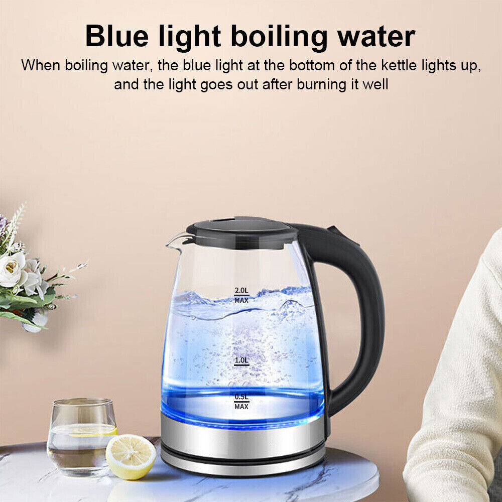 2L Glass Electric Kettle with Blue LED Light - Fast Boil 1800W Cordless Kettle