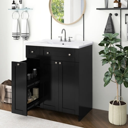 30" Black Bathroom Vanity with Ceramic Sink - Modern Storage Cabinet with Soft-Close Doors