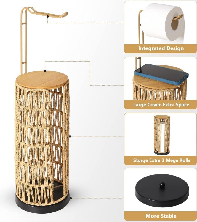 Freestanding Toilet Paper Holder with Storage - Handmade Woven Rattan Stand (3 Rolls)