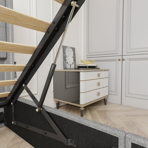 Queen Bed Frame with Lift-Up Storage - Modern Wingback Headboard with USB Ports