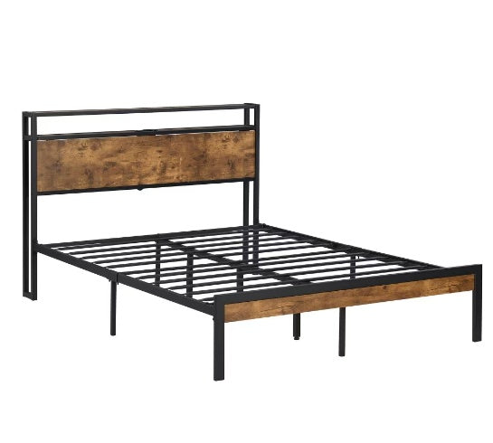 King Size Metal Platform Bed Frame with Wooden Headboard & USB Charging