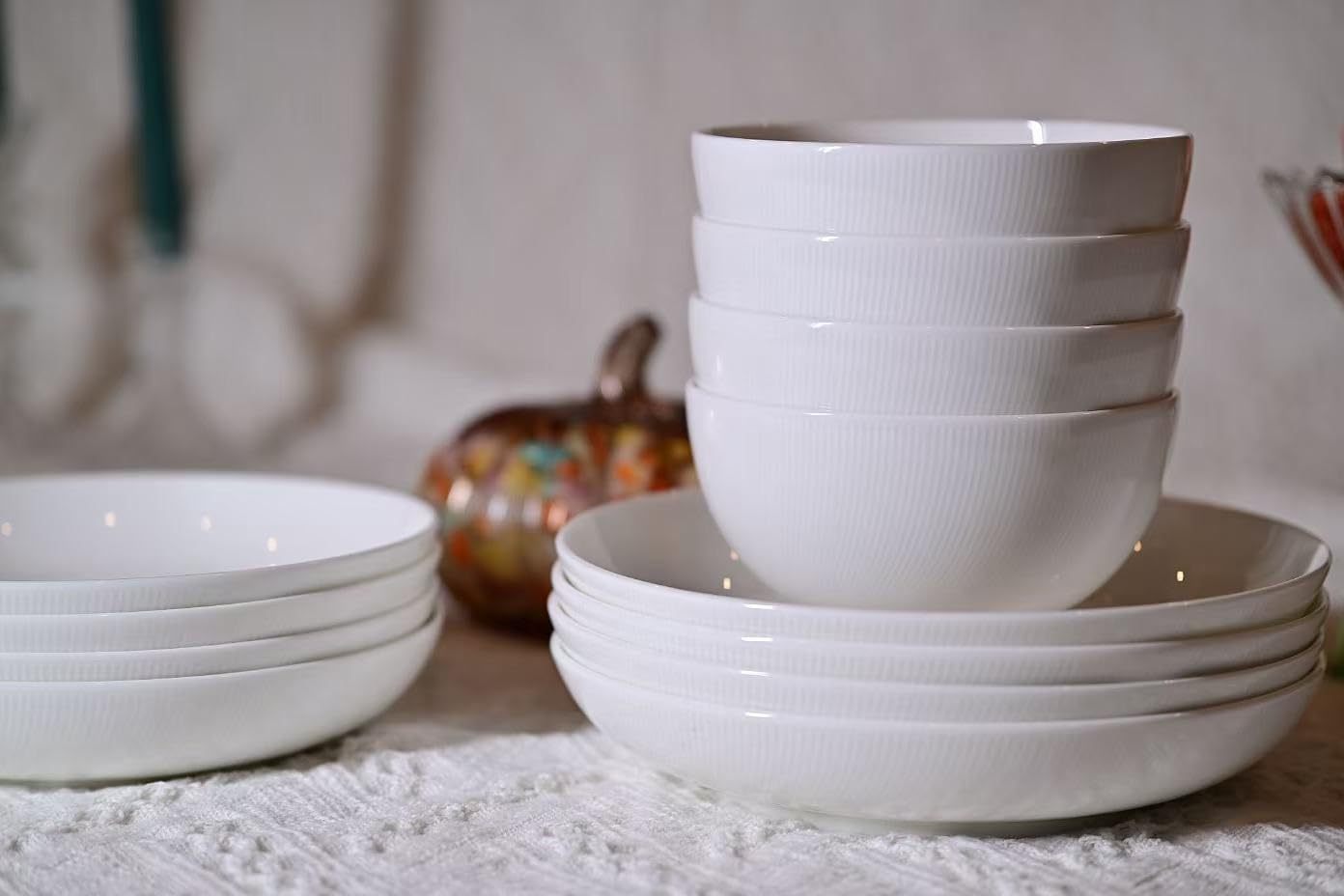 Setaria Bone China Dinnerware Set - 12 Pieces Service for 4 (Ivory White with Narrow Curve Stripe)