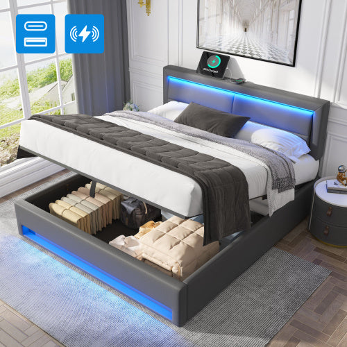 King Bed Frame with Wireless Charging, LED Lights & Storage - Grey PU Leather