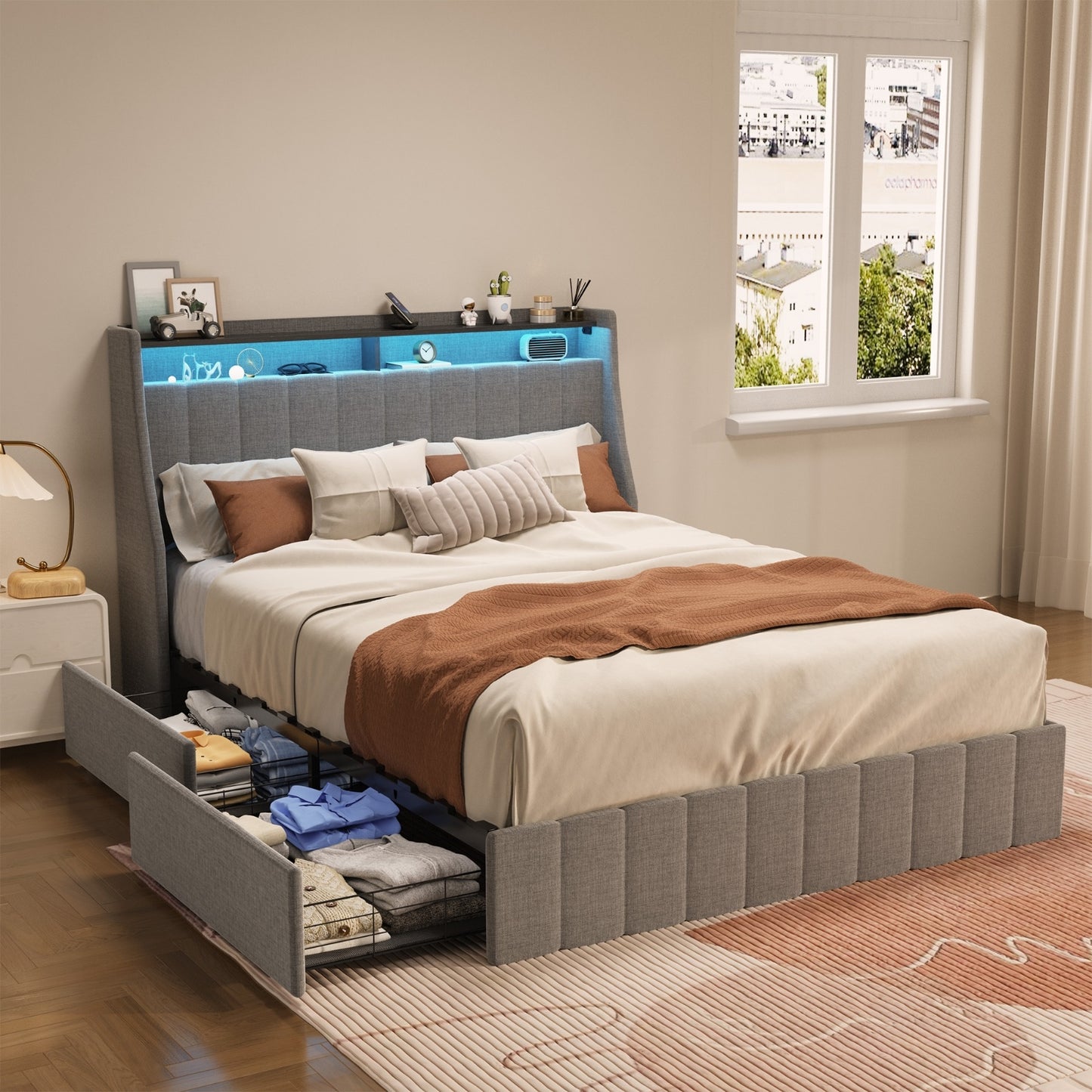 Light Grey Queen Bed Frame with LED Lights & Storage Drawers - Wings Headboard