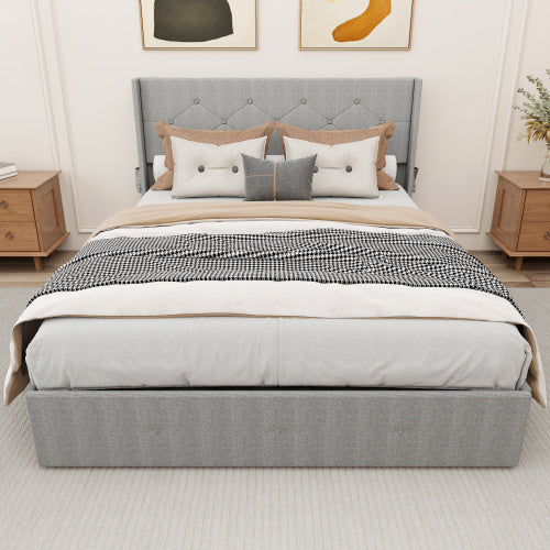 Queen Bed Frame with Lift-Up Storage - Modern Wingback Headboard with USB Ports