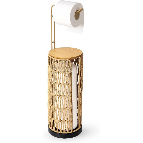 Freestanding Toilet Paper Holder with Storage - Handmade Woven Rattan Stand (3 Rolls)