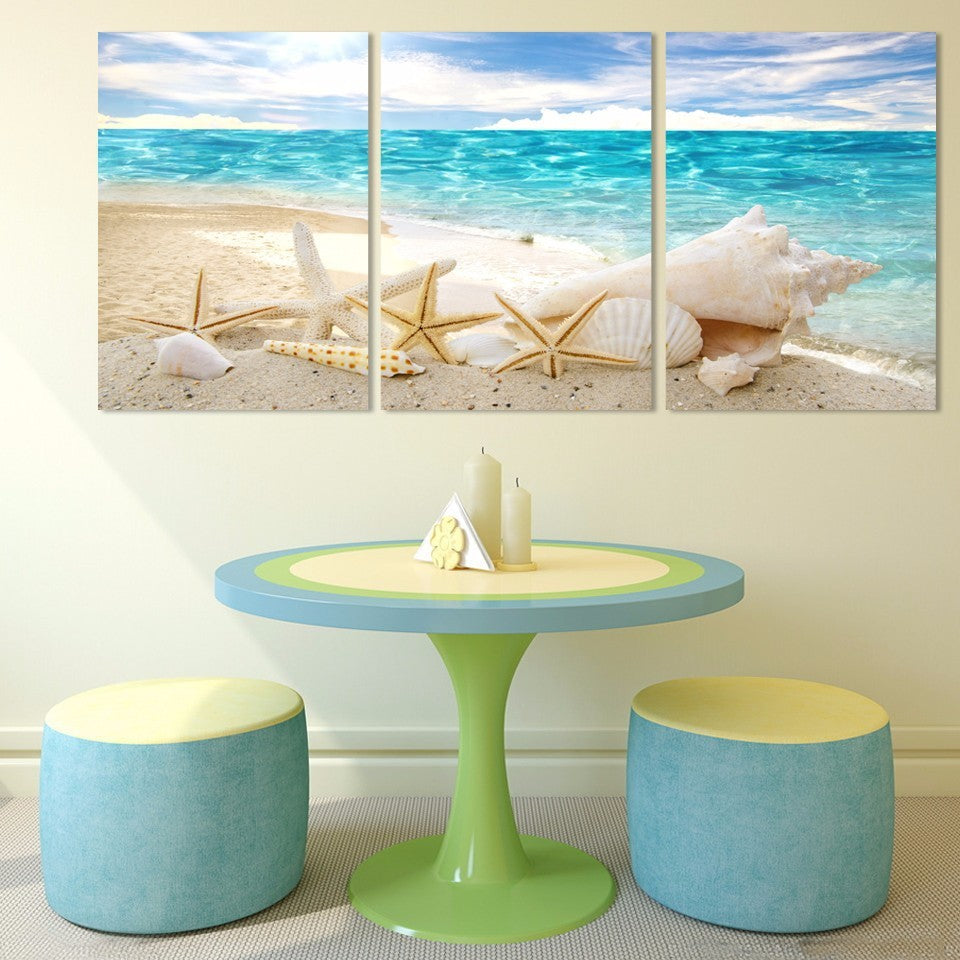 Starfish Canvas Wall Art Set of 3 - Modern Coastal Beach Decor for Living Room