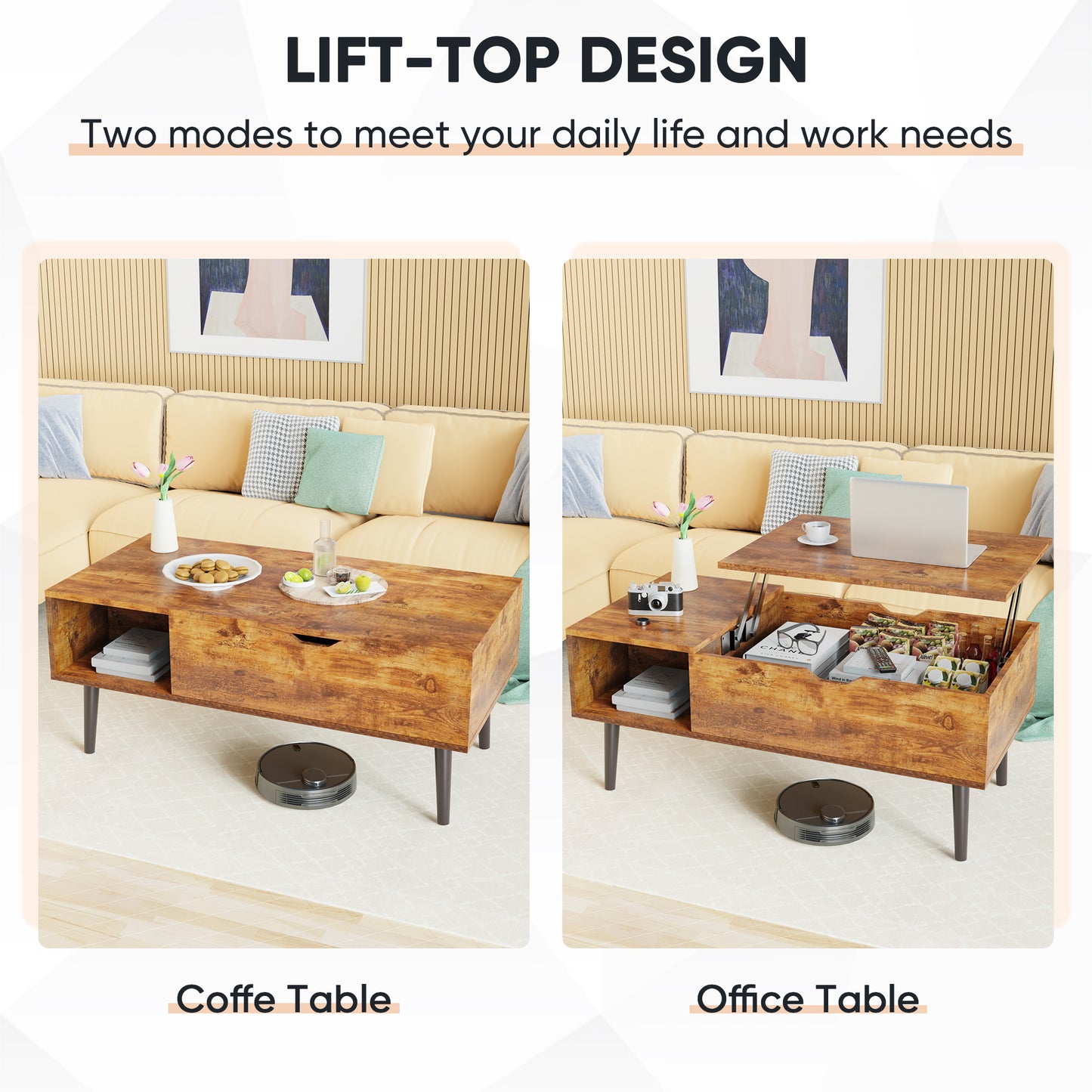 Lift Top Coffee Table with Hidden Storage - Modern Living Room Table