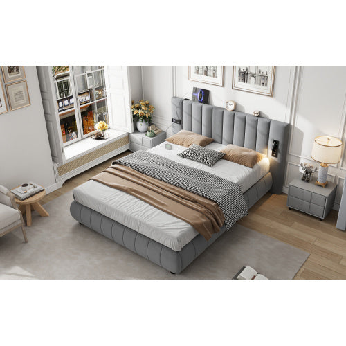 Grey Velvet King Bed with Stereo, LED Lights & USB Charging - 150x200cm