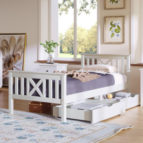 White Pine Single Bed with Storage Drawers - 3FT Guest Bed for Adults, Kids & Teens