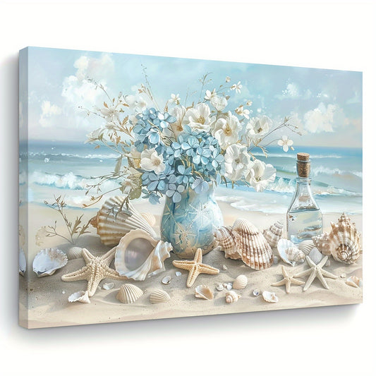 Blue Vase Floral Canvas Print - Framed Wooden Wall Art Ocean Theme