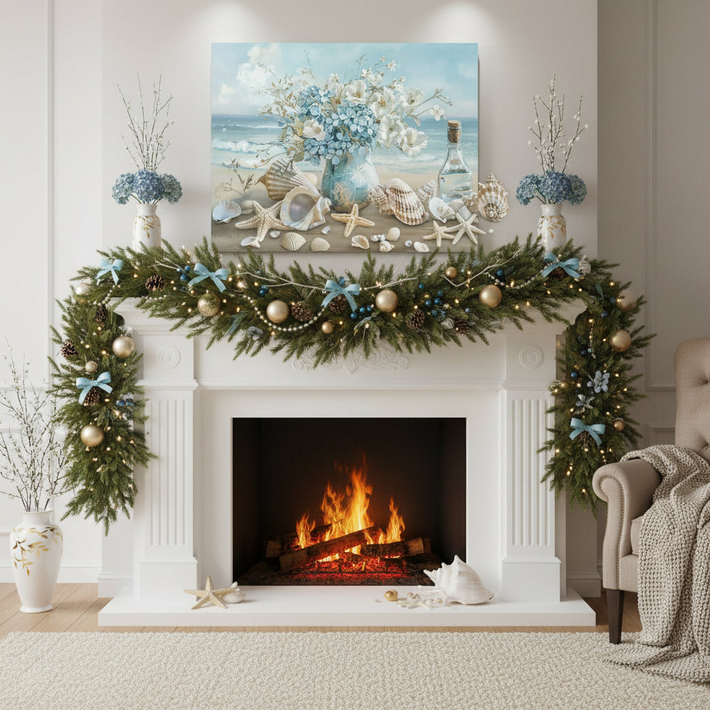 Blue Vase Floral Canvas Print - Framed Wooden Wall Art Ocean Theme