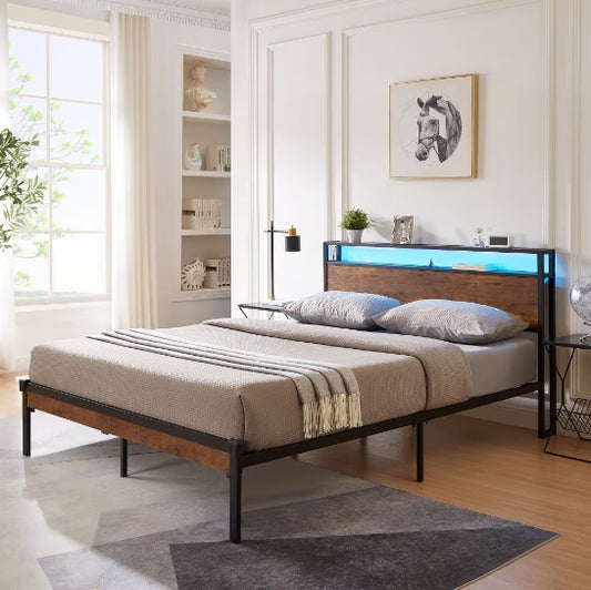 King Size Metal Platform Bed with Wooden Headboard, Footboard & USB Ports