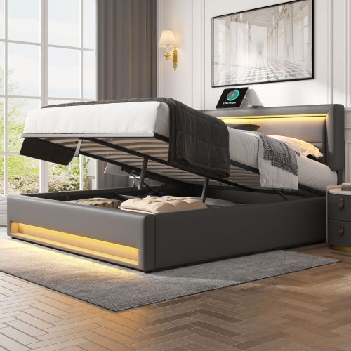 King Bed Frame with Wireless Charging, LED Lights & Storage - Grey PU Leather