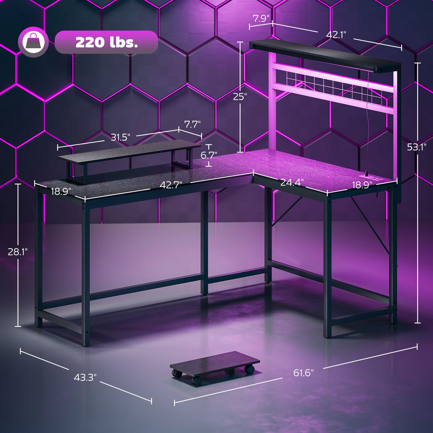 L-Shaped Gaming Desk with RGB LED Lights & Power Outlets - 61.6" Ultimate Gaming Station