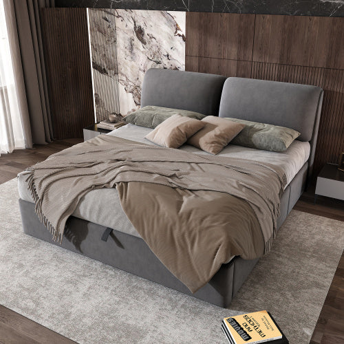 Grey Velvet King Bed with Hydraulic Storage - 5FT Bed with 3 Drawers (150x200cm)