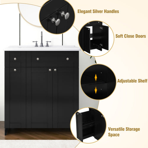 30" Black Bathroom Vanity with Ceramic Sink - Modern Storage Cabinet with Soft-Close Doors