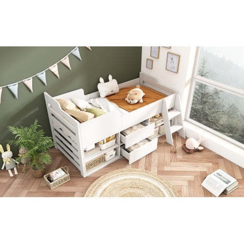 White Cabin Mid Sleeper Bed with Storage - 3FT Single Kids Bed with Drawers & Shelf