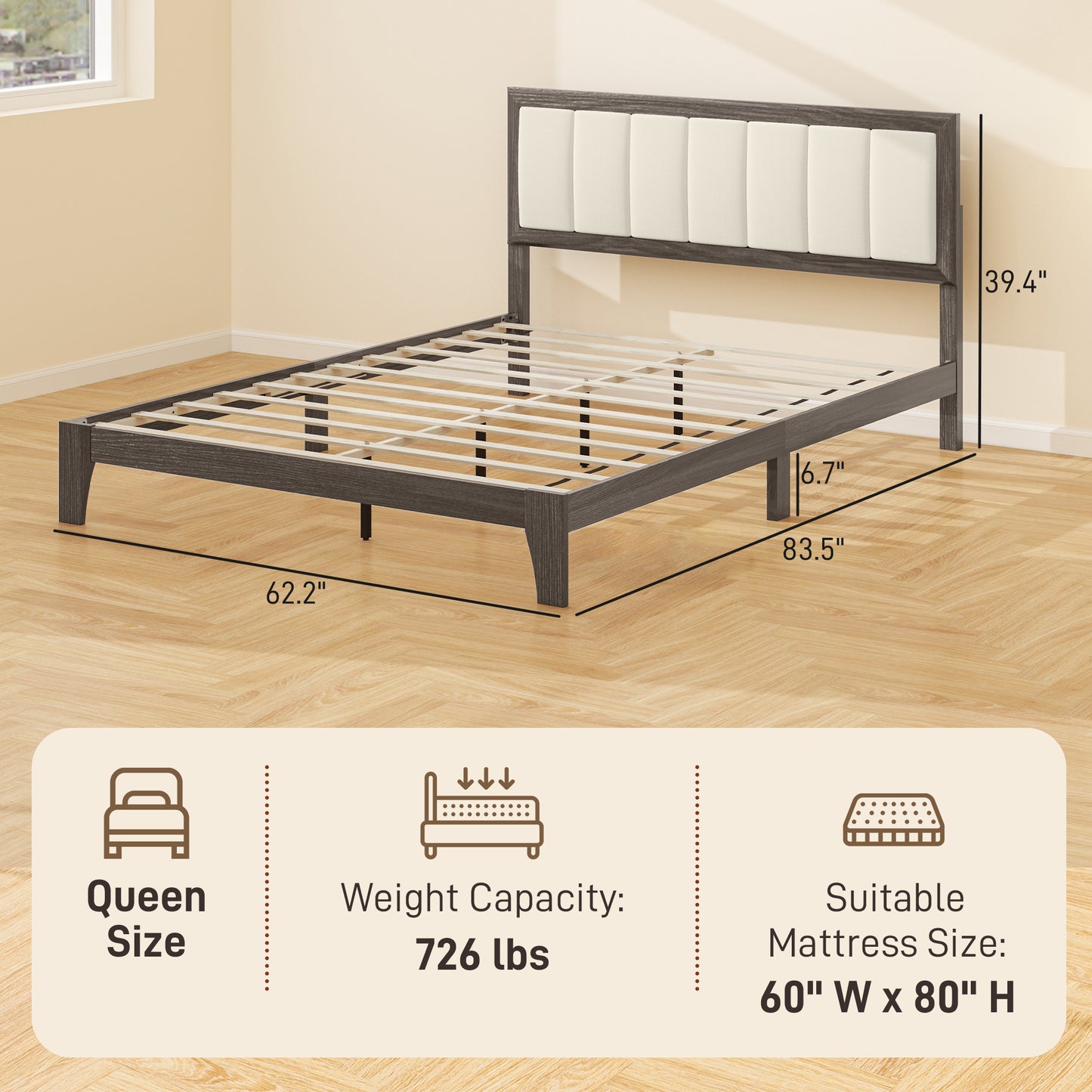 Charcoal Grey Queen Bed Frame with Headboard - Platform Bed with Wooden Slats