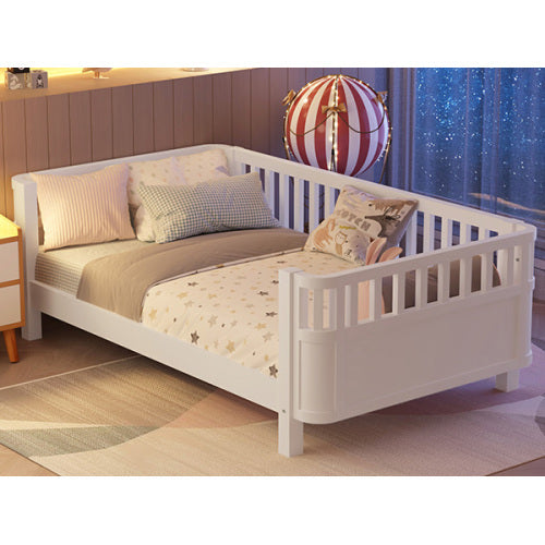 White Twin Platform Bed for Kids - Low Profile Wooden Bed Frame with Safety Rails