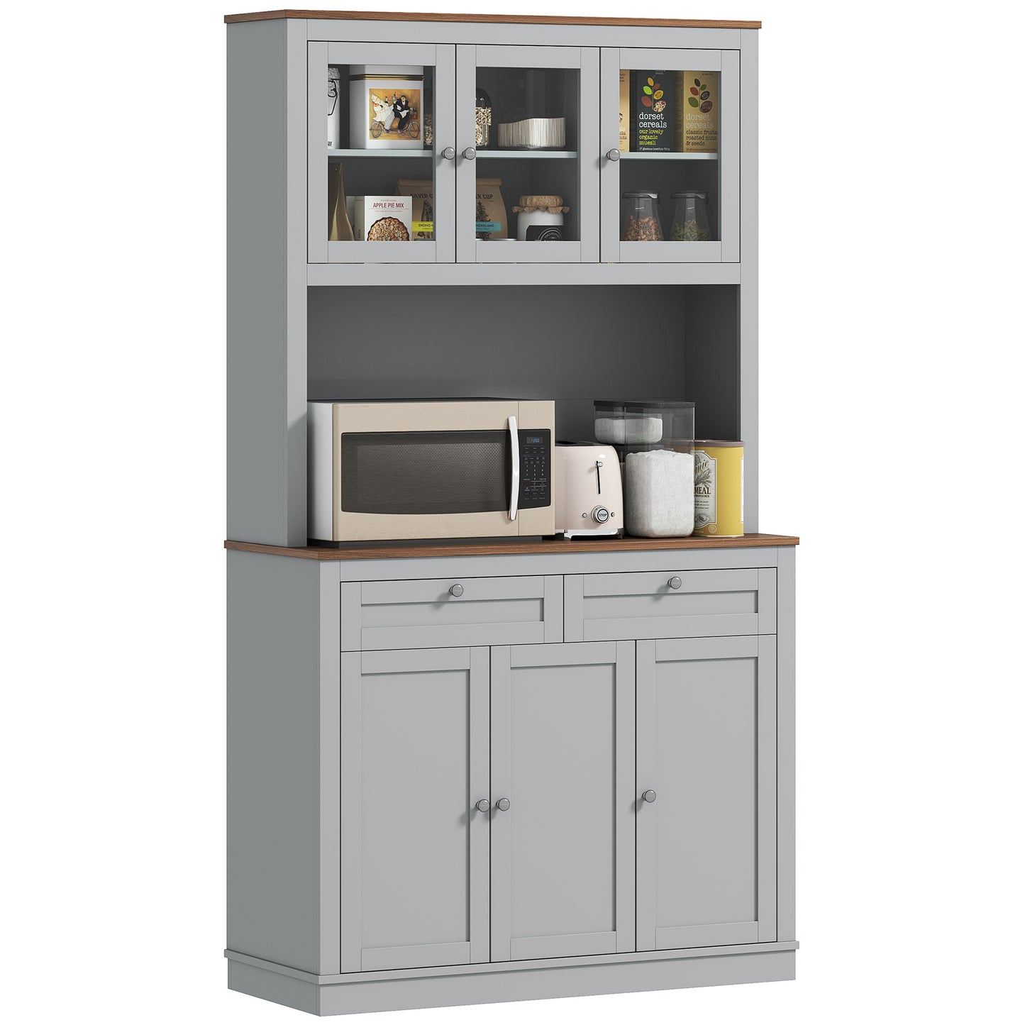 71" Kitchen Pantry Cabinet with Microwave Stand - Gray Hutch with 2 Drawers