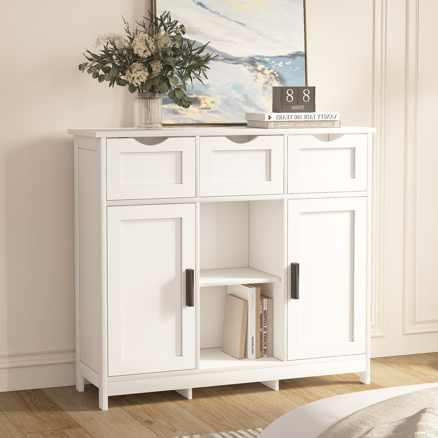White Storage Cabinet with Drawers & Shelves - Multifunctional Home Furniture